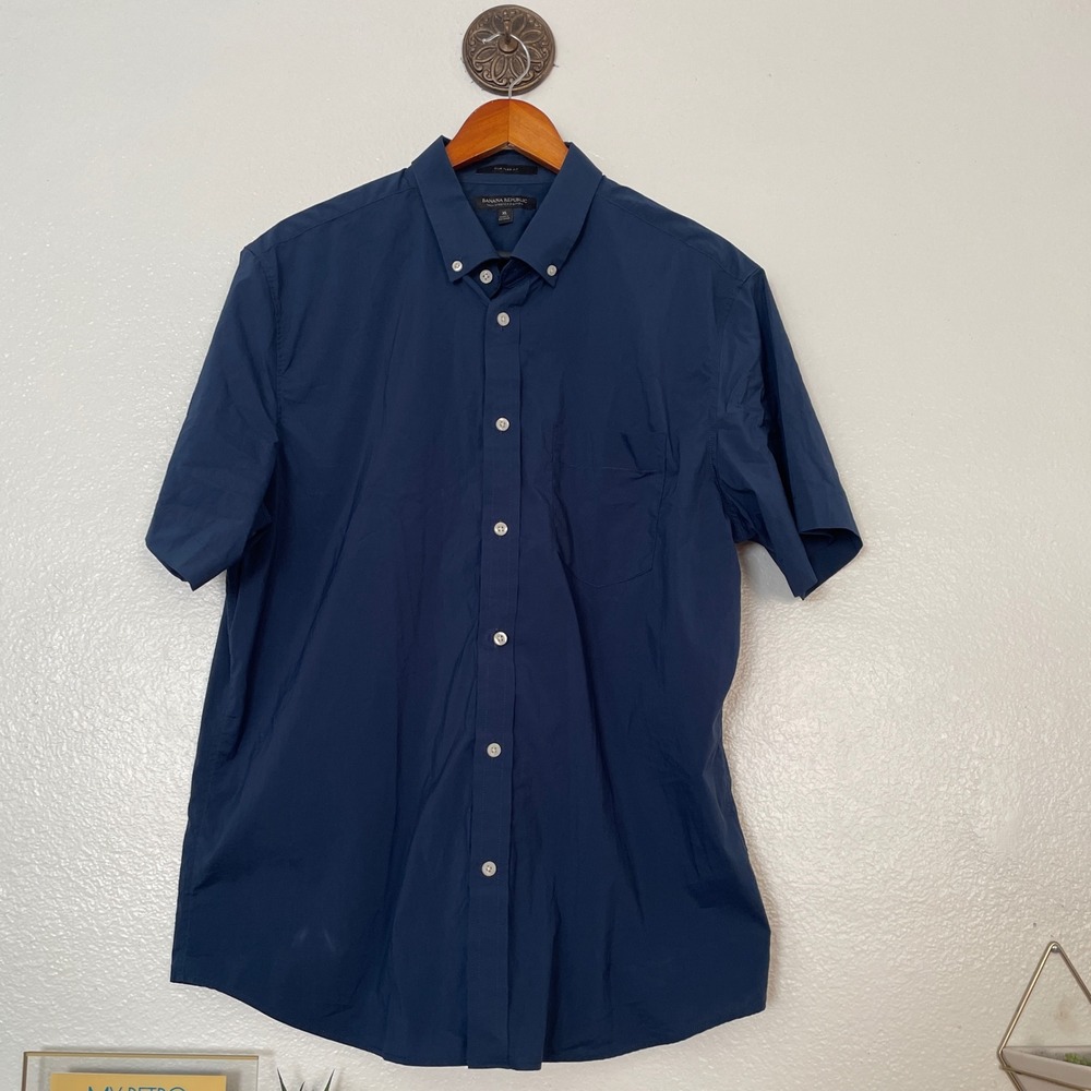 Banana Republic Mens XL Navy Blue Tech Stretch Cotton Slim Flex Fit Shirt SS